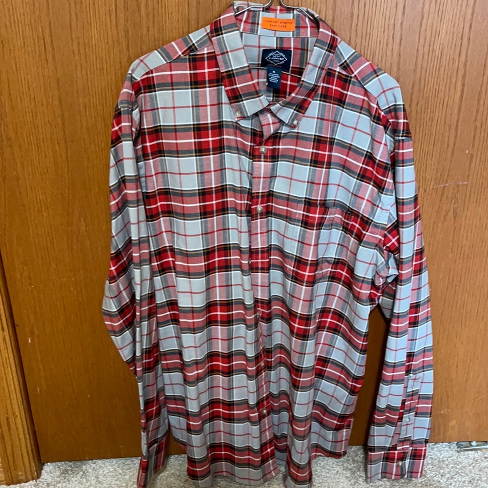 Red gray plaid button down shirt